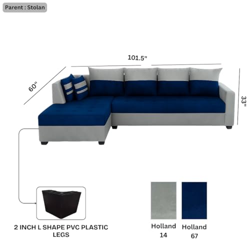 Image of FURNY Stylecon 6 Seater Fabric LHS L Shape Sofa Set (Blue-Light Grey) | Premium Velvet Finish | Durable Comfort | Ideal for Living Room