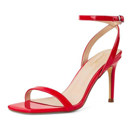 Image of GENSHUO Ankle Strap Square toe Heeled Sandals Red Size 10