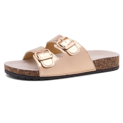 Image of Herstyle Womens Cork Footbed Slides for Women, Double Strap Flat Sandals, Adjustable Buckle Comfort Slip On Shoes, Summer Beach Casual Walking Slippers