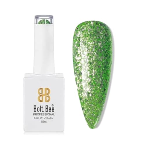 Image of Bolt Bee Glitter Green Color Gel Nail Polish Soak Off UV Gel DIY at Home Manicure Salon Nail Art (74, 15ml)