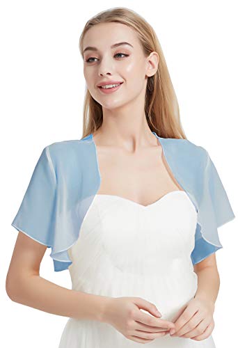 Leimandy Bolero Sheer Chiffon Shrug Wedding Bolero Shrugs for Women Short Sleeve V65 (Sky Blue, M)