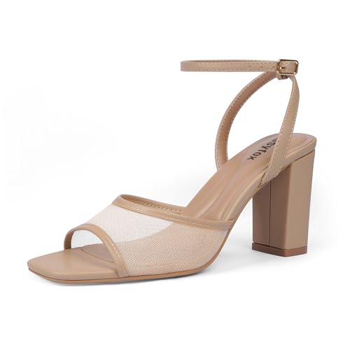 Image of Easyfox Chunky Heel Nude Sandals Nude Mesh Heels for Women Square Open Toe 3 Inch Strappy Heels Ankle Strap Dress Block High Heel Shoes Size 6.5