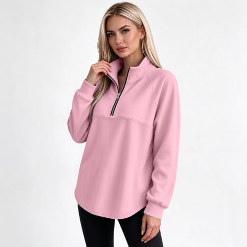 Fleece Quarter Zip Women Sweatshirts Drop Shoulder Mock Neck Fall Pullover - image 2