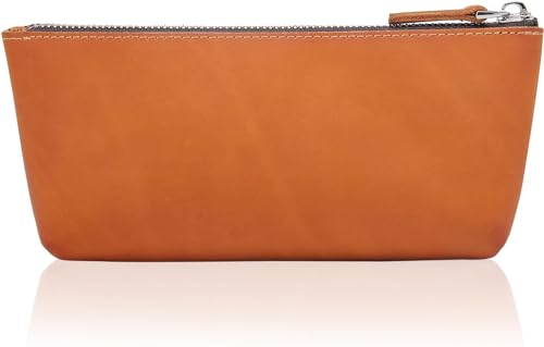 Image of Leather Pen Pouch, Genuine Pencil Pouch, Elegant Handcrafted Zipper Pouch, Makeup Case for Women, Pencil Case Pencil Bag big Leather Pouch