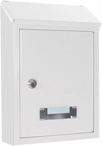 Buzón de Pared Correo con Tapa Antilluvia, Buzón de Exterior de Metálico con Cerradura y Llaves, Buzón Impermeable de Gran Capacidad para Cartas, Fácil de Instalar (30x21.7x7cm, Blanco)