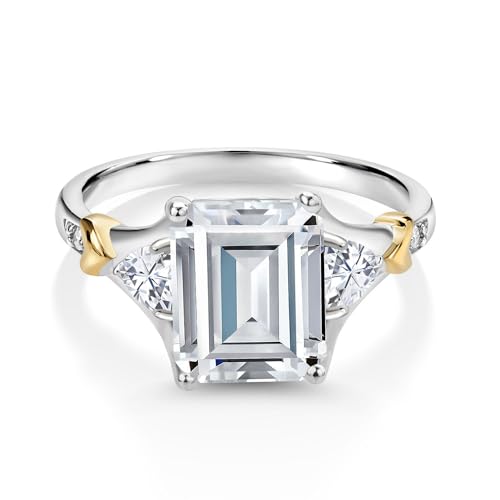 Gem Stone King 925 Silver and 10K Yellow Gold White Moissanite Engagement Ring For Women (3.89 Cttw, Emerald Cut 10X8MM, Trillion 3.5MM)2