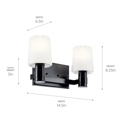 Image of Kichler Adani 2-Light Bathroom Vanity Light Fixture with Opal Glass in Black, Modern Wall Mount Light for Powder Room or Bathroom Over Mirror (8.25 inch x 14.5 inch), 55175BK