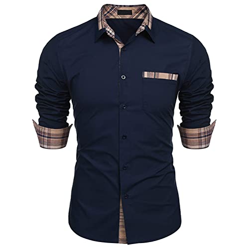 Misfuso Chemise Homme à Carreaux Manche Longue 100% Coton avec Poche Poitrine,Chemise décontractée Casual Bleu Foncé M Cover