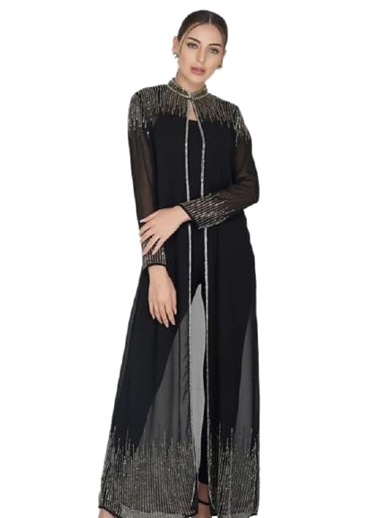 Image of Matelco Women Georgette Floor Length Hand Embroidered Embellished Longline Front Open Shrug Dress