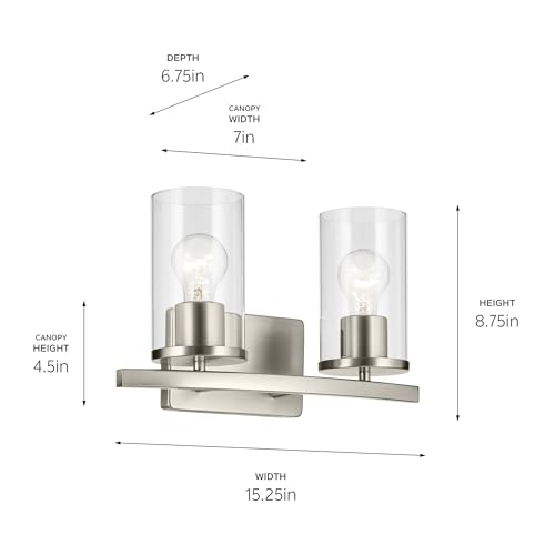 Image of Kichler Crosby 15.25 inch 2-Light Bathroom Vanity Light Fixture with Clear Glass Shades in Brushed Nickel for Modern Powder Room Over Mirror Wall Mount (15.25 inch x 8.75 inch), 45496NICLR
