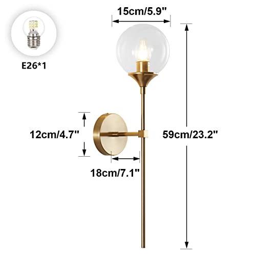 Image of BOKT Clear Bubble Glass Globe Wall Mounted Sconce Light Set of 2 Modern Brass Gold Long Pole Wall Sconce Lighting Set of Two Mid Century Vintage Bathroom Mirror Wall Lamp (Clear)