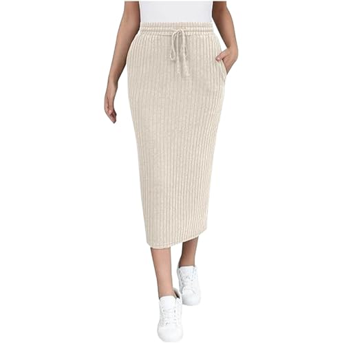 Stripe Maxi Skirts for Womens Ankle Length Bodycon Casual Long Skirt Fashion High Waisted Strap Knit Maxi Skirts Khaki