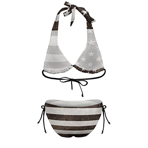 Image of Womens American Flag Bikini Swimsuit Sexy String Halter 2 Piece Triangle Bathing Suits
