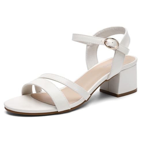Yavero Sandales Femme Talon Bloc Élégantes avec Boucle Métallique, Idéales pour Bureau et Événements Blanc 40