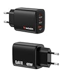 Verbatim Essentials GaN Charger 65W, 2 Ports USB-C Ladegerät PD3.0, 1 Port USB-A QC 3.0, Schnellladegerät als Mehrfachstecker für Apple MacBook, Notebook, iPad, iPhone 15 - iPhone 17, Samsung, Schwarz