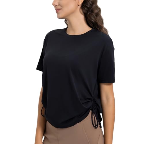altiland Drawstring Side Ruched Workout T Shirt for Woman, Quick Dry Athletic Tee Yoga Exercise Running Tops Loose Fit