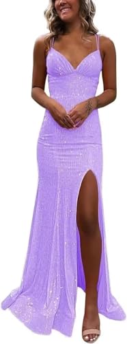 Lavender Sparkly Prom Dresses with Slit Backless Sequin Mermaid Long Bodycon Formal Dress Corset...
