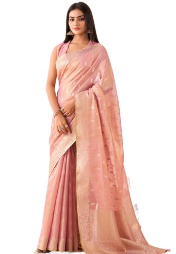 Image of SWORNOF Gold-Toned Woven Design Silk Zari Tissue Saree | Saree for Women | Soft and Skin Friendly