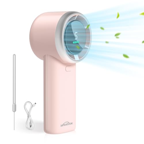 WHATOOK Ventilador Turbo Portátil Potente: 13500 RPM Enfriamiento Instantáneo, Carga Rápida USB 2H, Mini Ventilador de Mano Compacto con 5 Velocidades y Pantalla LED para Viajes/Deporte/Playa (Rosa)