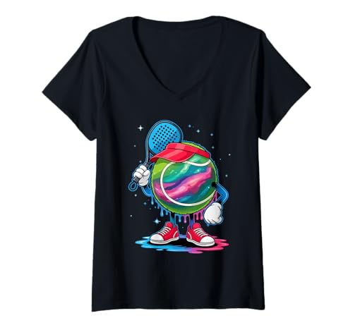 Mujer Colorful Galaxy Tennis Ball Padel Racket Fun Camiseta Cuello V