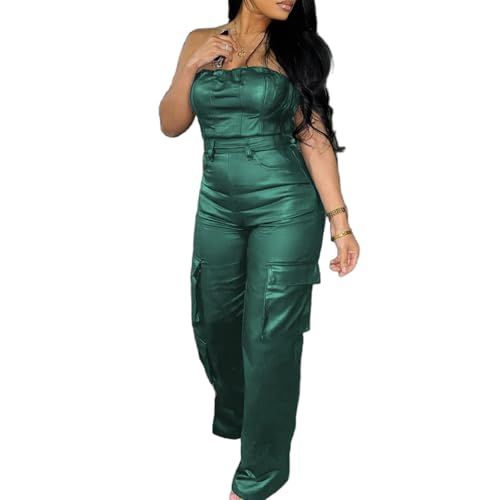 REASERAL Womens PU Leather Jumpsuit Sexy Off the Shoulder Top Tight Waist Cargo Pants Bodysuit