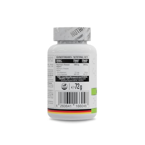 MST® Nutrition Magnesium L-Threonate 1000 mg pro Kapsel - L-Threonate 2000 mg pro Potrion hochdosiert – Magnesiumpräparat mit Magtein® (60 Kapseln)