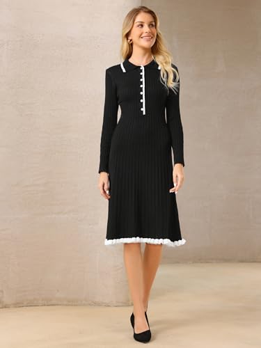 Women's Midi Sweater Dress Knitted Ribbed A-Line Long Sleeve Dresses2