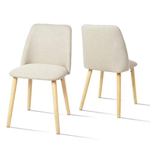 Goeurvant Lot de 2 Chaises Beige Salle à Manger avec Pieds en Bois, Chaise de Cuisine Rembourrée en Lin, Chaise Fauteuil pour Salon Cuisine Bureau