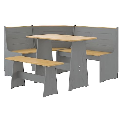 vidaXL Juego de Comedor 3 pzas, Banco de Esquina con Respaldo, Mesa de Cena, Mueble para Cocina Hogar, Madera Maciza de Pino Marrón Gris