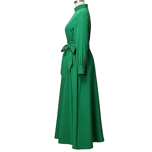 Image of CAMDOM Church Clergy Dress for Women Long Sleeve A Line Elegant Maxi Dress with Tab Insert Stand Collar and BeltA