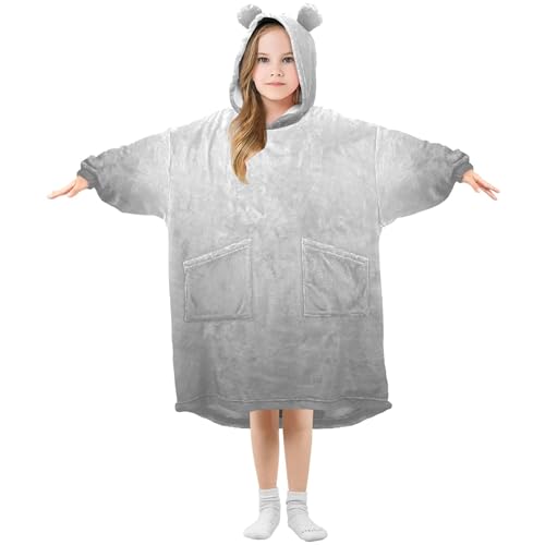 S Husky Gradient Grey Kids Wearable Blanket Hoodie with Pocket and Sleeves for Toddlers, Cute Hoodies 3-14 Year Girls Boys