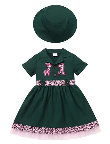 FYMNSI 1st Birthday Girl Outfit for Baby Wild Animal Jungle Safari Birthday Dress and Hat Toddler Giraffe Cake Smash Clothes2