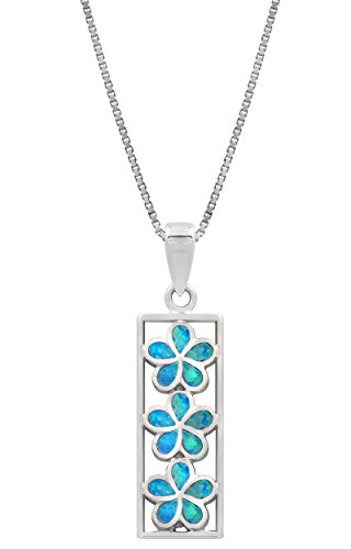 Honolulu Jewelry Company Sterling Silver Three Plumeria Flower Bar Necklace Pendant with Simulated Blue Opal and 18 Box Chain Honolulu Jewelry Company Sterling Silver Three Plumeria Flower Bar Necklace Pendant with Simulated Blue Opal and 18" Box Chain