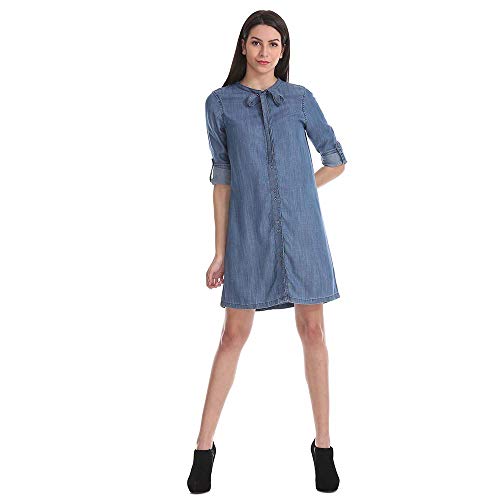 Buy Elle Womens Tie Up Neck Washed Shirt Dress_ Blue_XLarge at Amazon.in