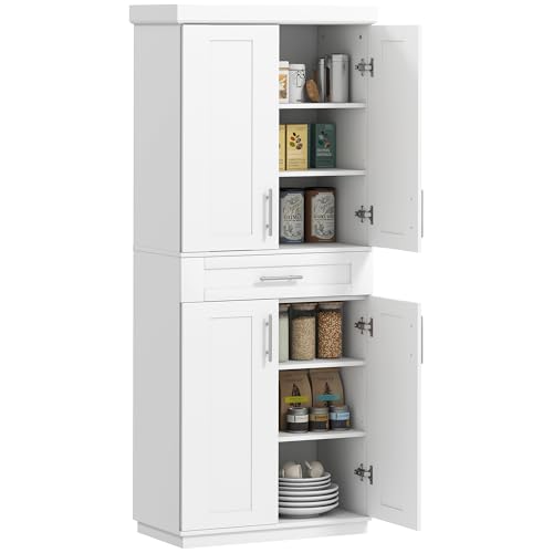 Image of HOMCOM 72" Kitchen Pantry Cabinet, Freestanding Tall Storage Cabinet with 4 Doors, Drawer and 3 Adjustable Shelves for Dining Room, White