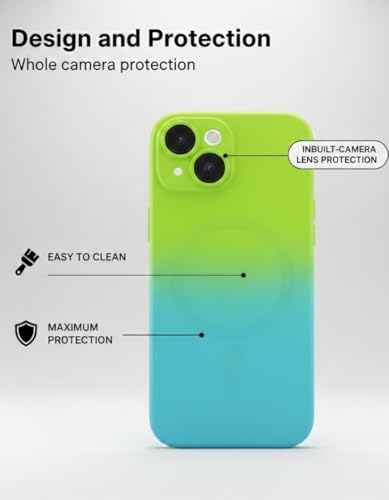Image of amazon basics Gradient Mag-Safe Case for iPhone 14 | Soft Silicone Shockproof Cover with Camera Protection | Slim Lightweight Design | Smooth Touch & Durable - Green & Blue