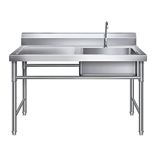 WWJQ Stainless Steel Sink 1 Compartment Free Standing Kitchen Sink, Faucet Drainboard, 100x50x80cm Commercial Utility Sink for Garage, Restaurant, Workshop (Size : 120x60x80cm), Silver