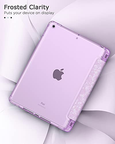 MoKo Funda Compatible con Nuevo iPad 9ª Generación 2021/iPad 8ª Gen 2020/iPad 7ª Gen 2019, Cubierta de PU Cuero con TPU Carcasa Trasera Translúcida Soporte, Auto Estela/Reposo, Rosa Morado Moteado