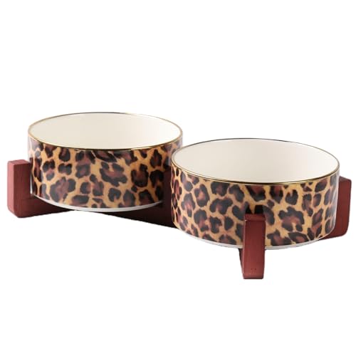 Dog Bowl Set with Wood Stand Non-Slip Anti-Tip Elevated Design Double Ceramic Animal Food Water Cat Bowls Suitable for Large/Medium Sized Dog Pet Feeder Dish Station - 32 OZ Leopard Print