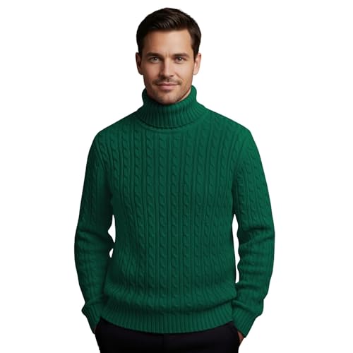 Janisramone Jersey de cuello vuelto tipo polo alto para hombre Jersey de invierno informal de punto con cable de manga larga Jersey verde botella