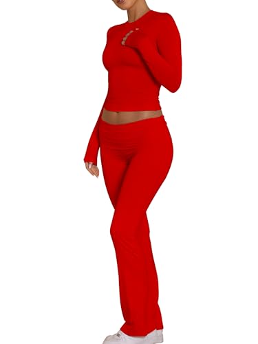 BORIFLORS Women's Workout 2 Piece Lounge Sets Long Sleeve Tops Foldover Flare Pants Casual Outfits Tracksuit2