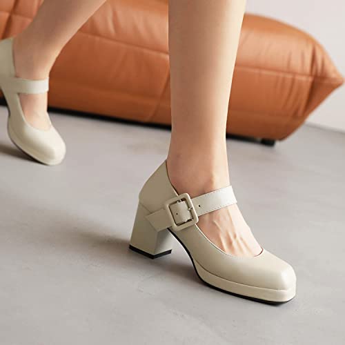 Lehoor Beige Chunky Mary Jane Shoes Women Platform Beige 3 Inch Square Toe Dress Beige Wedding Shoes Goth Punk Heel Closed Toe Beige Sandals Ladies Girls Dressy Office Work Matte Beige 9 M Us #TOP2