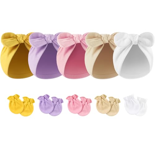 DRESHOW Bébé Turban Bonnets de Naissance Chapeaux Nœuds Ensemble de Moufles Chapeau Hospitalier Bonnet Bébé Chapeau Gants en Coton 0-12 Mois