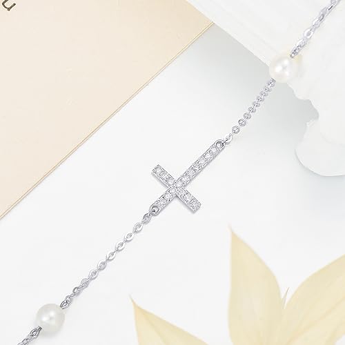 Sterling Silver 0.15 carat Natural Diamond Cross Bracelet for Women, Christian Jewelry Gifts for Her, 6.5-8.5 Inches4
