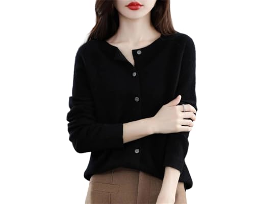 Cárdigan de manga larga con botones y cuello redondo para mujer, suéter de punto de color liso, Negro, XXL