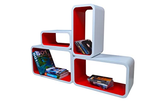 Mensola Da Muro Libreria Scaffale Vari Colori Retrò Cubi Moderno LO01 (Bianco/Rosso)