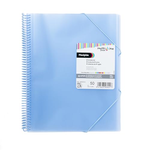 Grafoplas   Carpeta Fundas Plastico a4, Azul Claro, 50 Forros Polipropileno Extra, Tapas Flexibles, Espiral PVC, Maxiplás Multiline, Perfecto como Material Escolar y de Oficina, 31,2x24x3,1cm