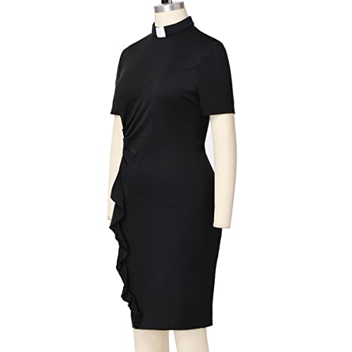 BLESSUME Church Clergy Women Tab Collar Dress Black Short Sleeve Mass Pencil Dress4
