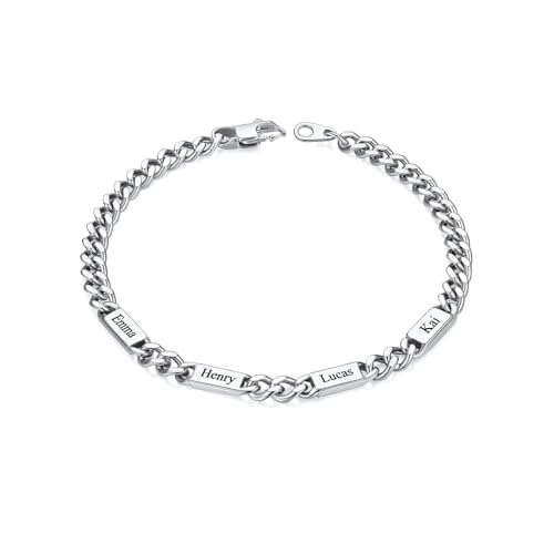 Custom4U Personalized Cuban Link Bracelet for Men, 5mm/7mm/9mm Width 1-6 Names Engraved Stainless Steel Customized Chain Silver Bracelet Jewelry Gifts for Men Women Mom Dad Husband Father a.