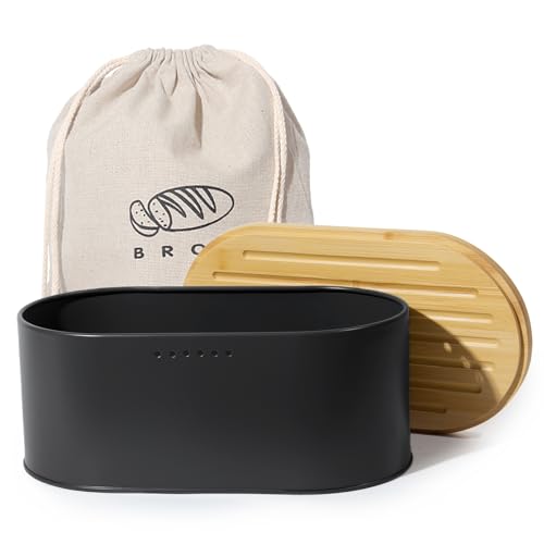 SYLANDO Brotkasten mit Großer Kapazität Hochwertige Metall Brotbox Die Aufbewahrung für noch länger frisches Brot Deckel aus Ökologisches Bambus (8L-Schwarz-35 * 19 3 * 15 5CM)